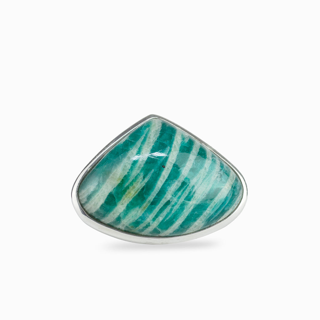 Teal with white strips, rounded triangle, cabochon cut set in a 925 sterling silver bezel