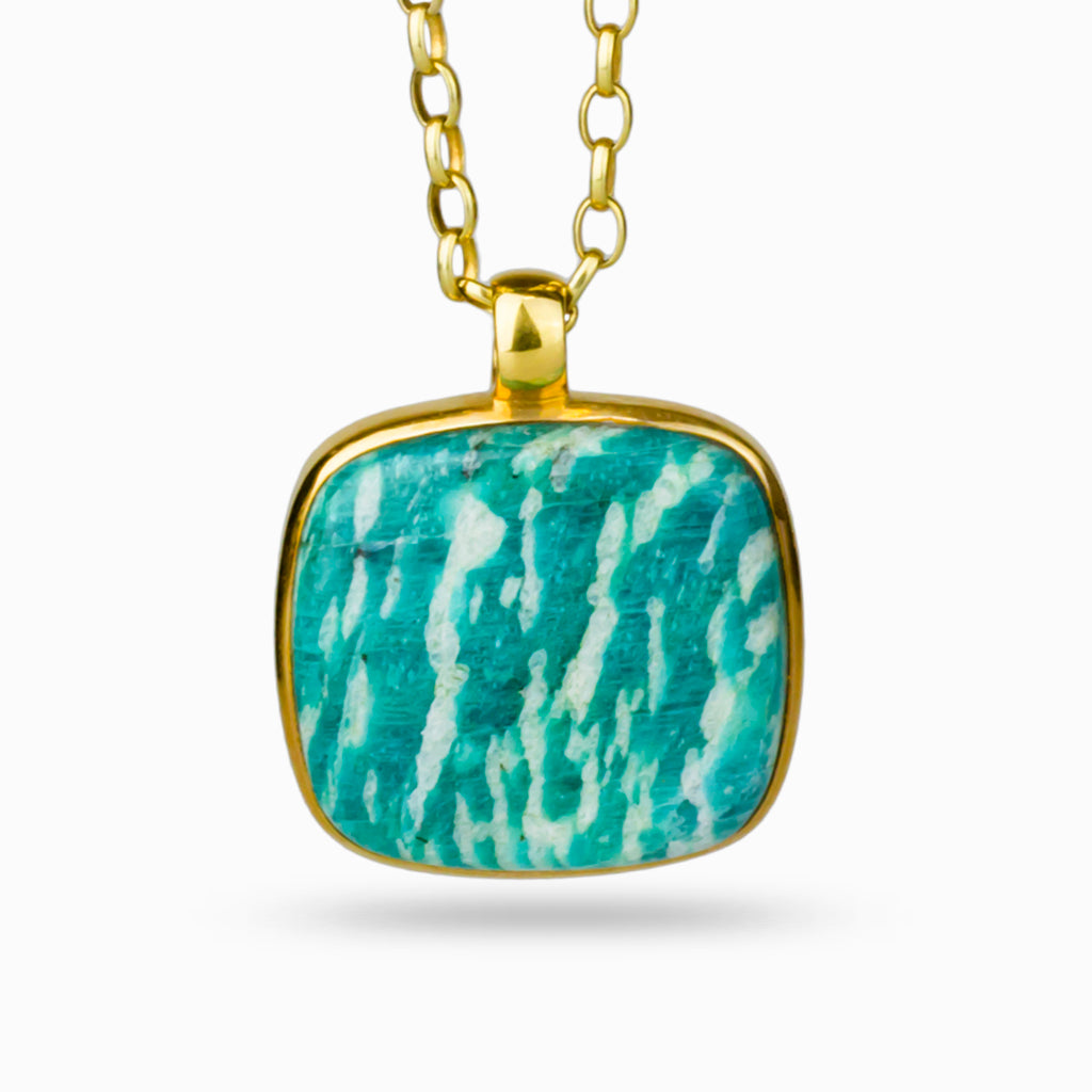 round edged, rectangular crystal. teal with white vertical cloud like pattern. 14k vermeil bezel set cabochon on a 14k vermeil chain