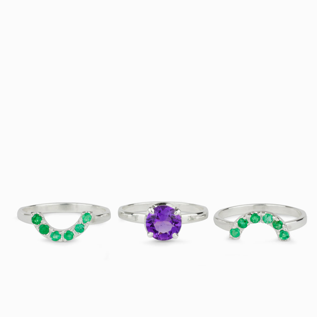 Amethyst and Emerald Three Band Ring