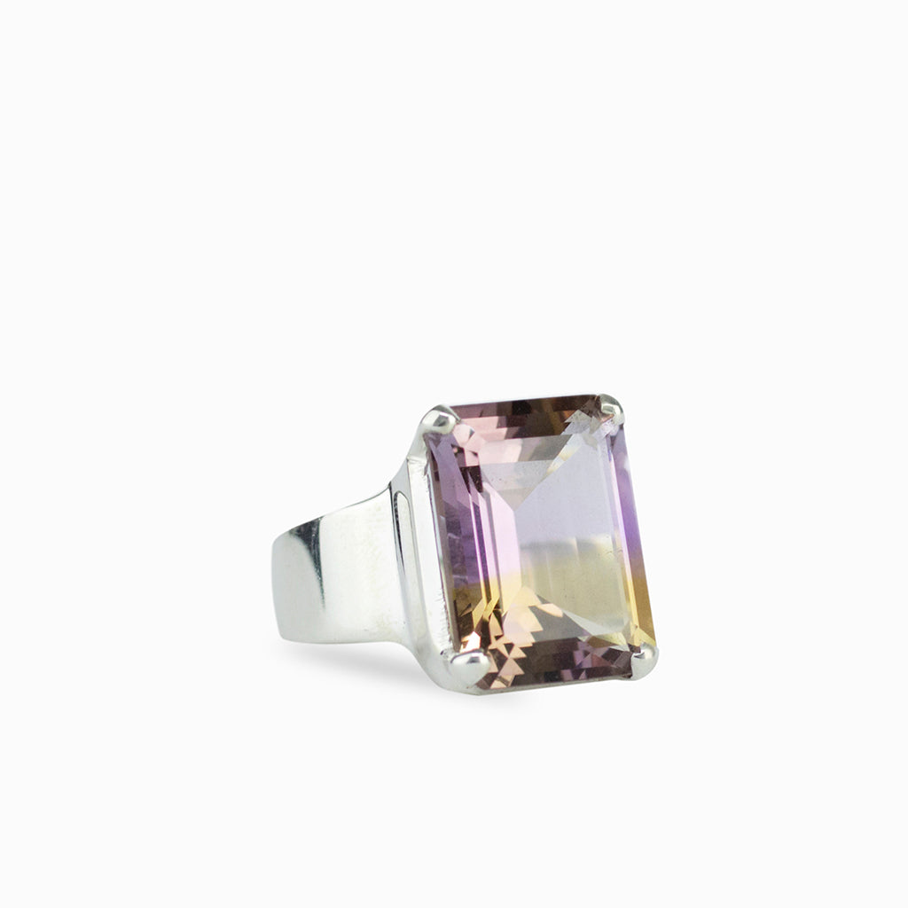 Rectangle shaped Faceted Ametrine ring