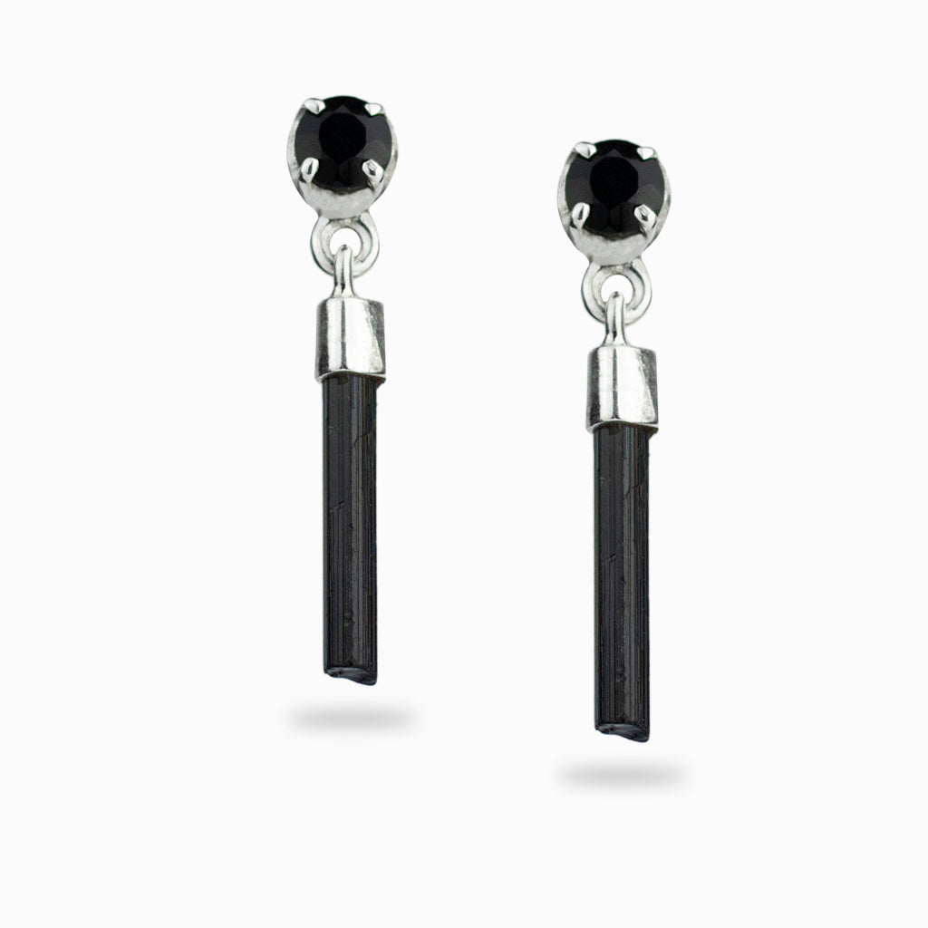 black onyx round faceted studs with rough tourmaline