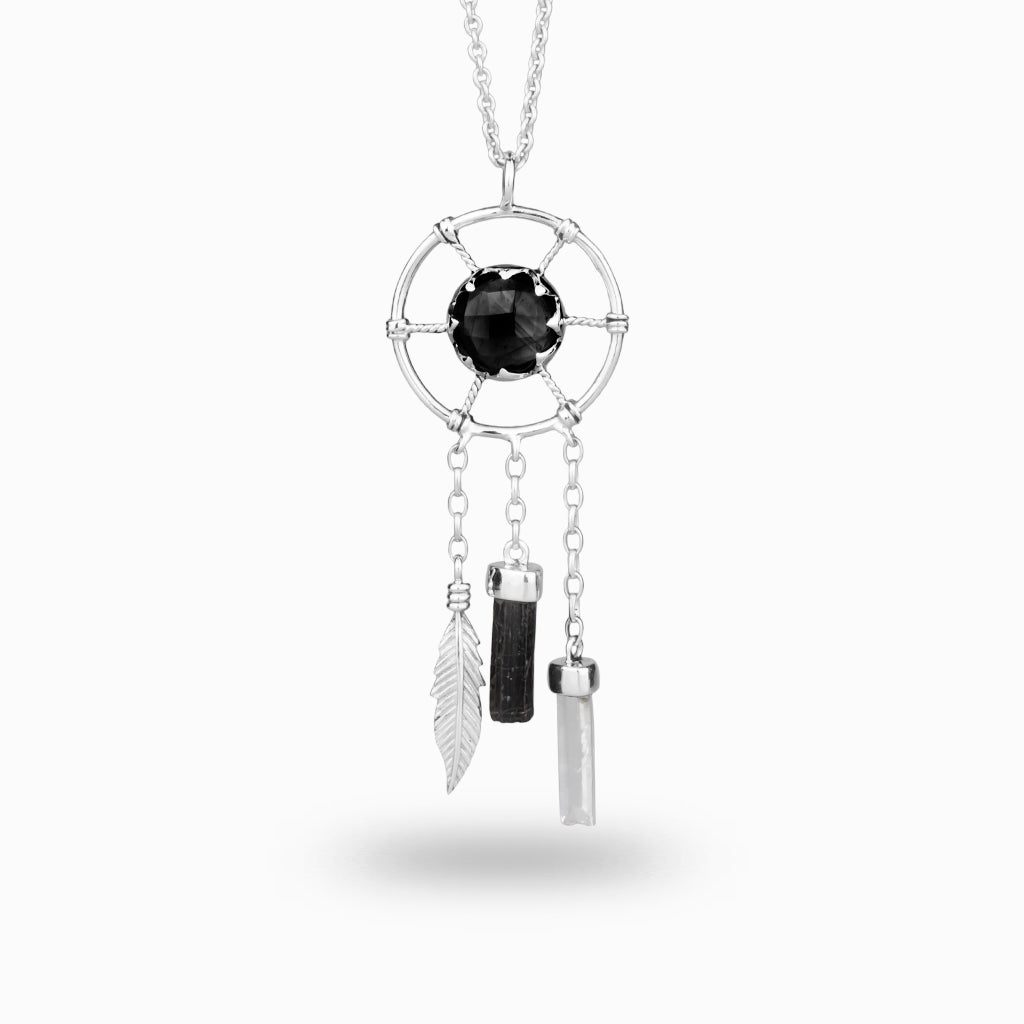 Dream Catcher Design Black Onyx, Black Tourmaline & Clear Quartz Necklace