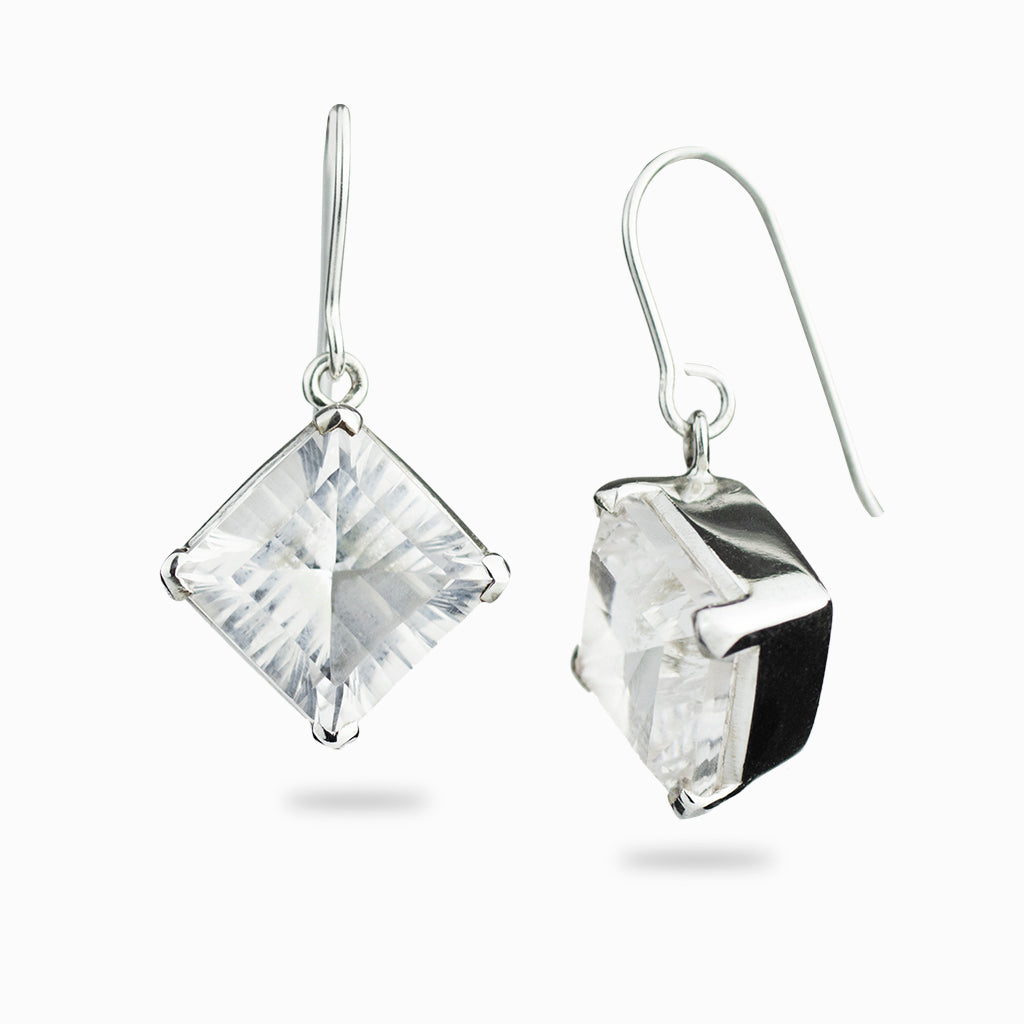 Square Faceted Clear Quartz drop earrings