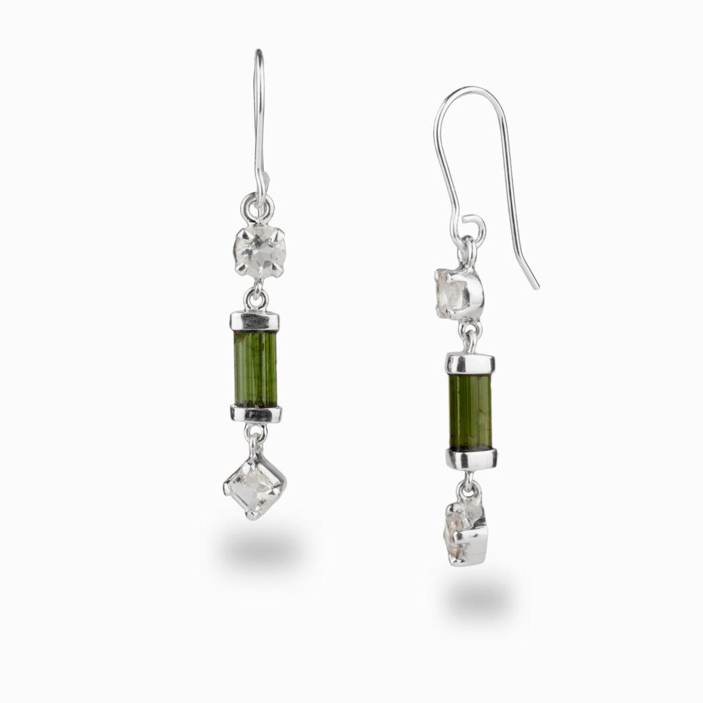 Green Tourmaline & Clear Quartz Drop Earrings