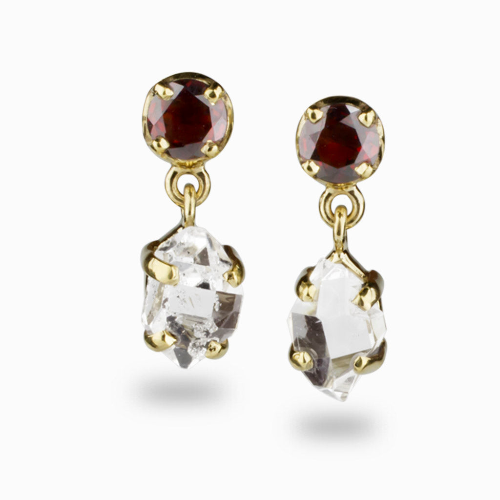 Almandine Garnet & Herkimer Diamond Stud Drop Earrings