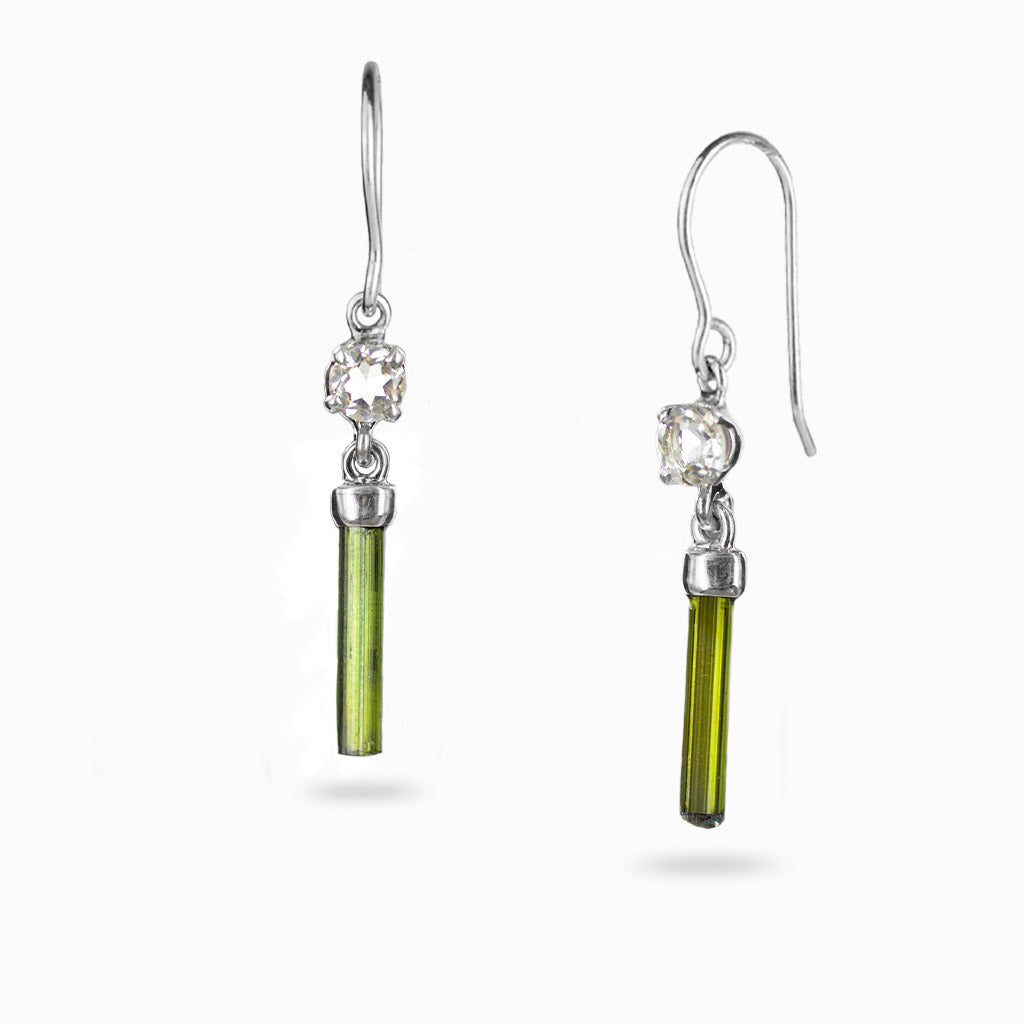 Green Tourmaline & Clear Quartz Drop Earrings