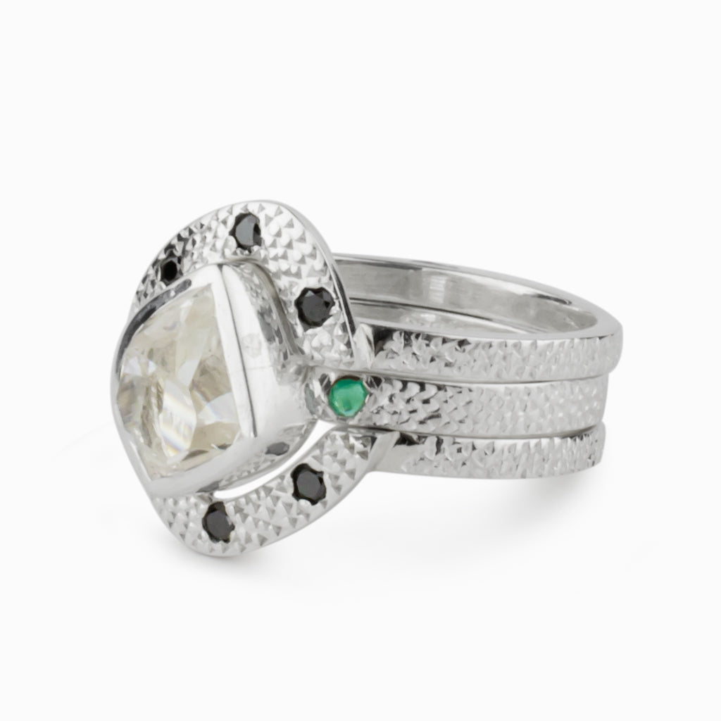 Herkimer Diamond, Emerald & Black Diamond Ring