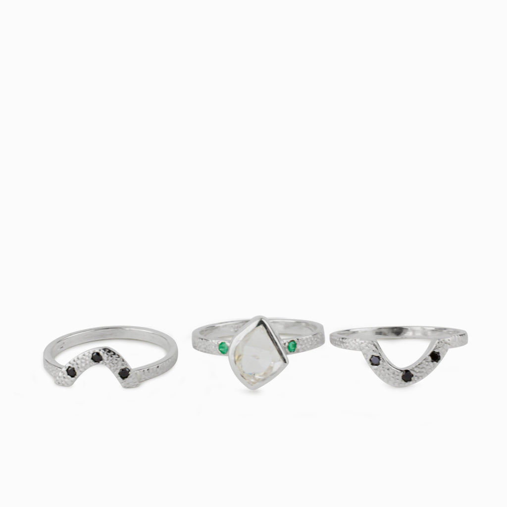Herkimer Diamond, Emerald & Black Diamond Ring