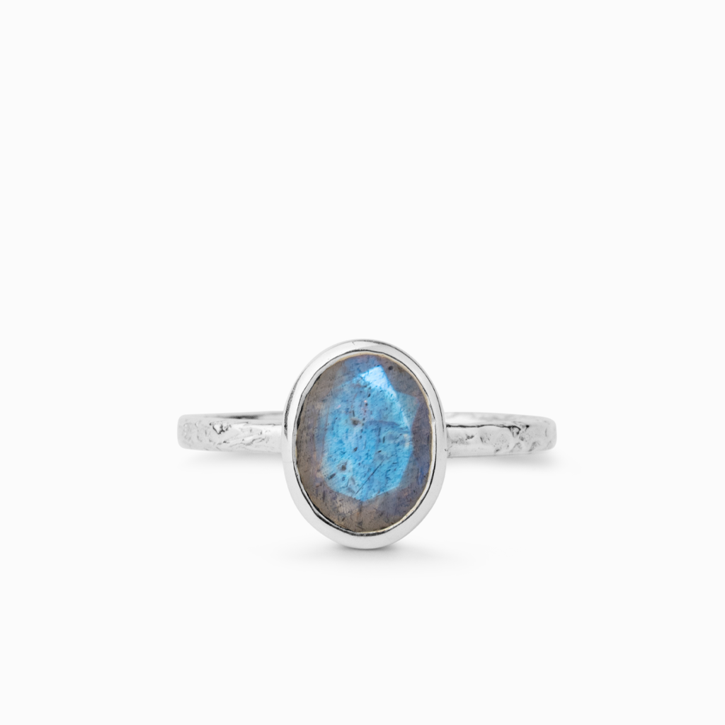 Oval shaped, textured band Labradorite Ring