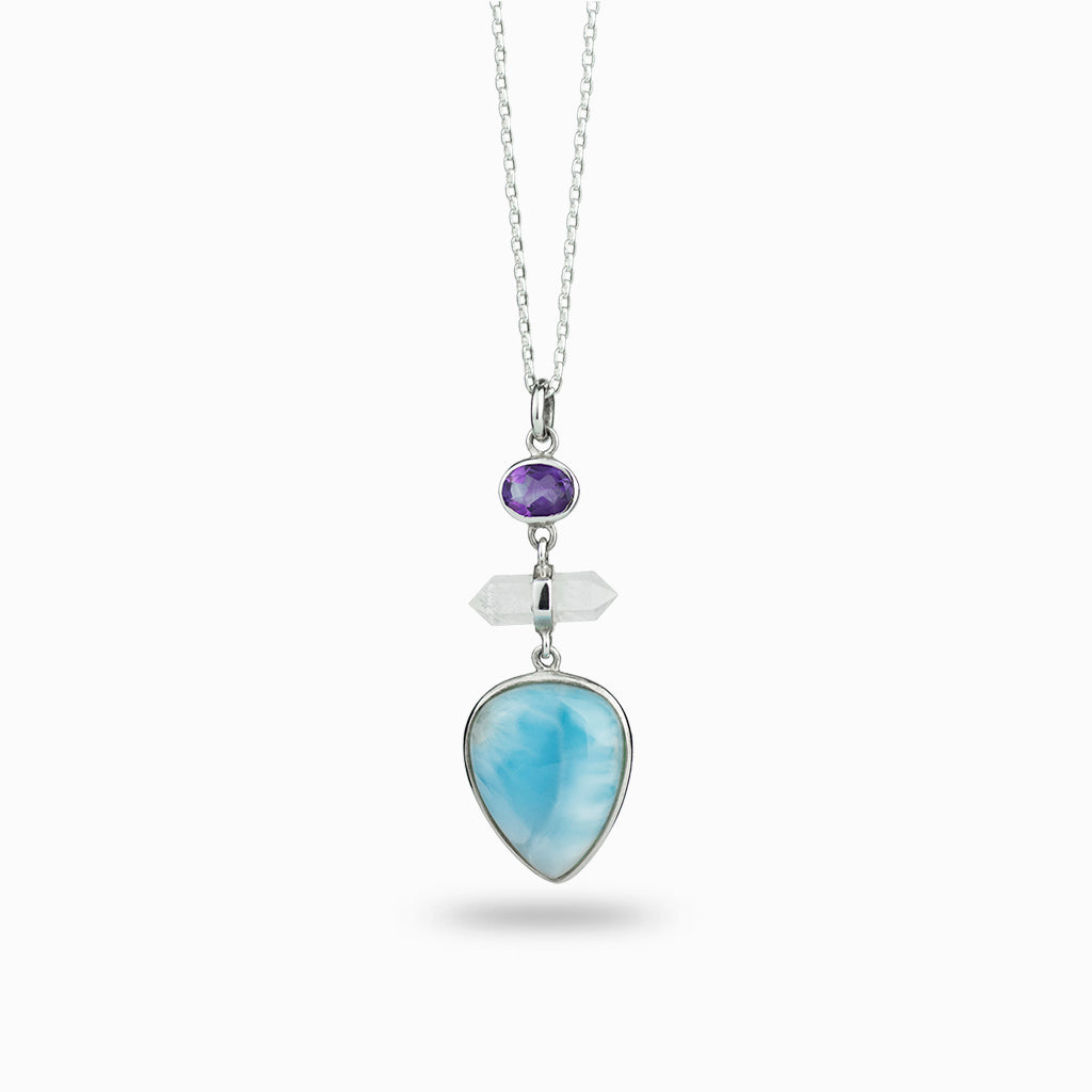 Larimar clear quartz and amethyst necklace