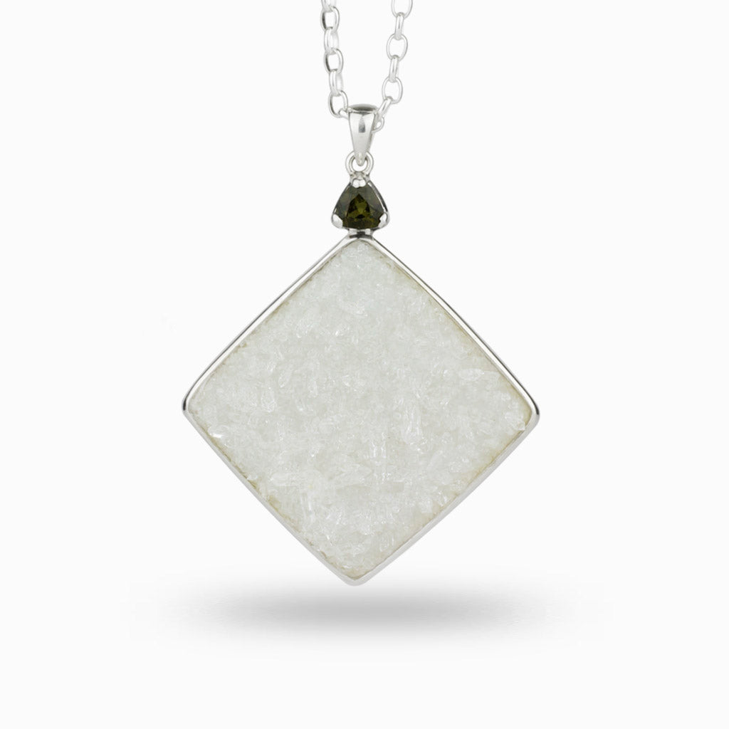 Druzy Diamond shape Clear Quartz & Moldavite Necklace