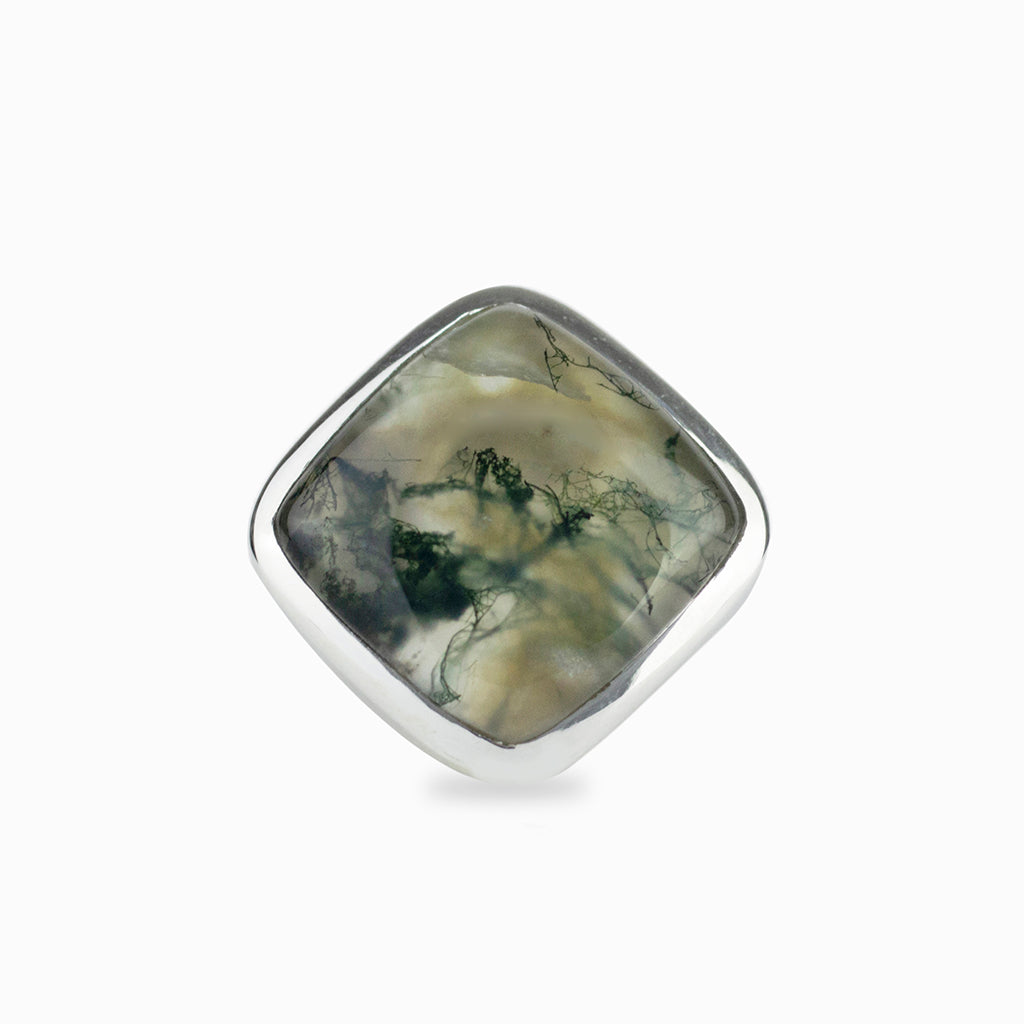 Square shaped Moss Agate cabochon ring