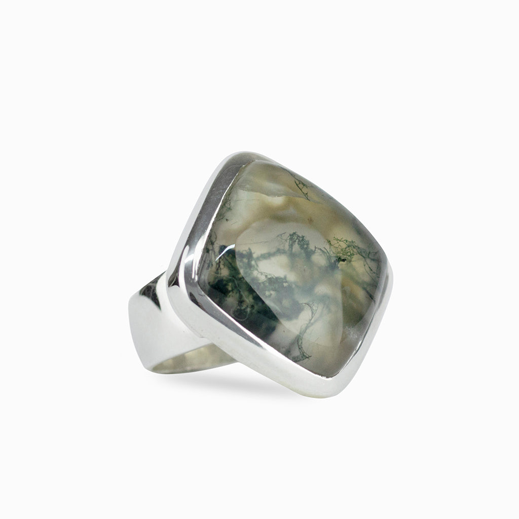 Square shaped Moss Agate cabochon ring