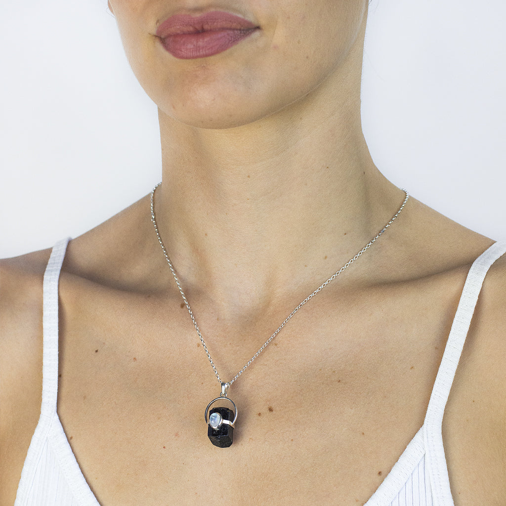 Black Tourmaline & Rainbow Moonstone Necklace