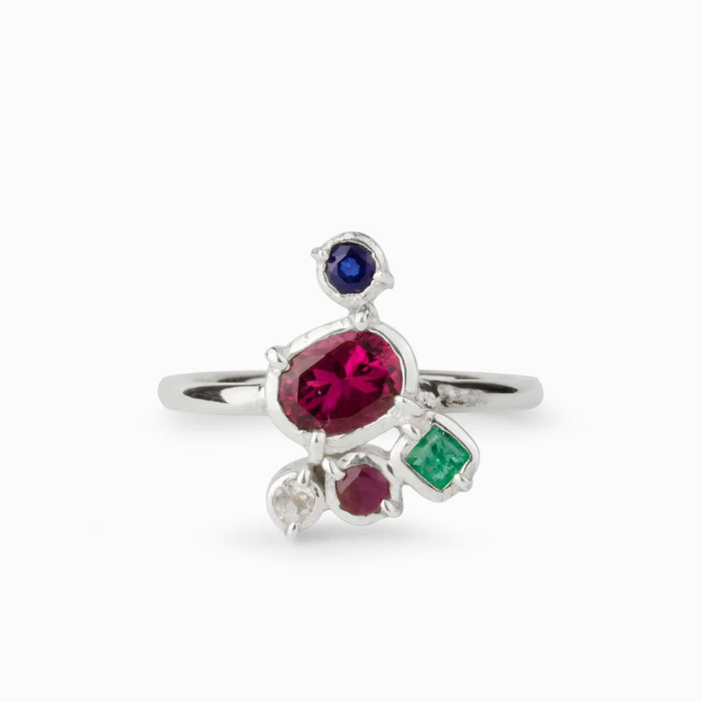 Pink Tourmaline, Emerald, Sapphire, Ruby & White Topaz Ring
