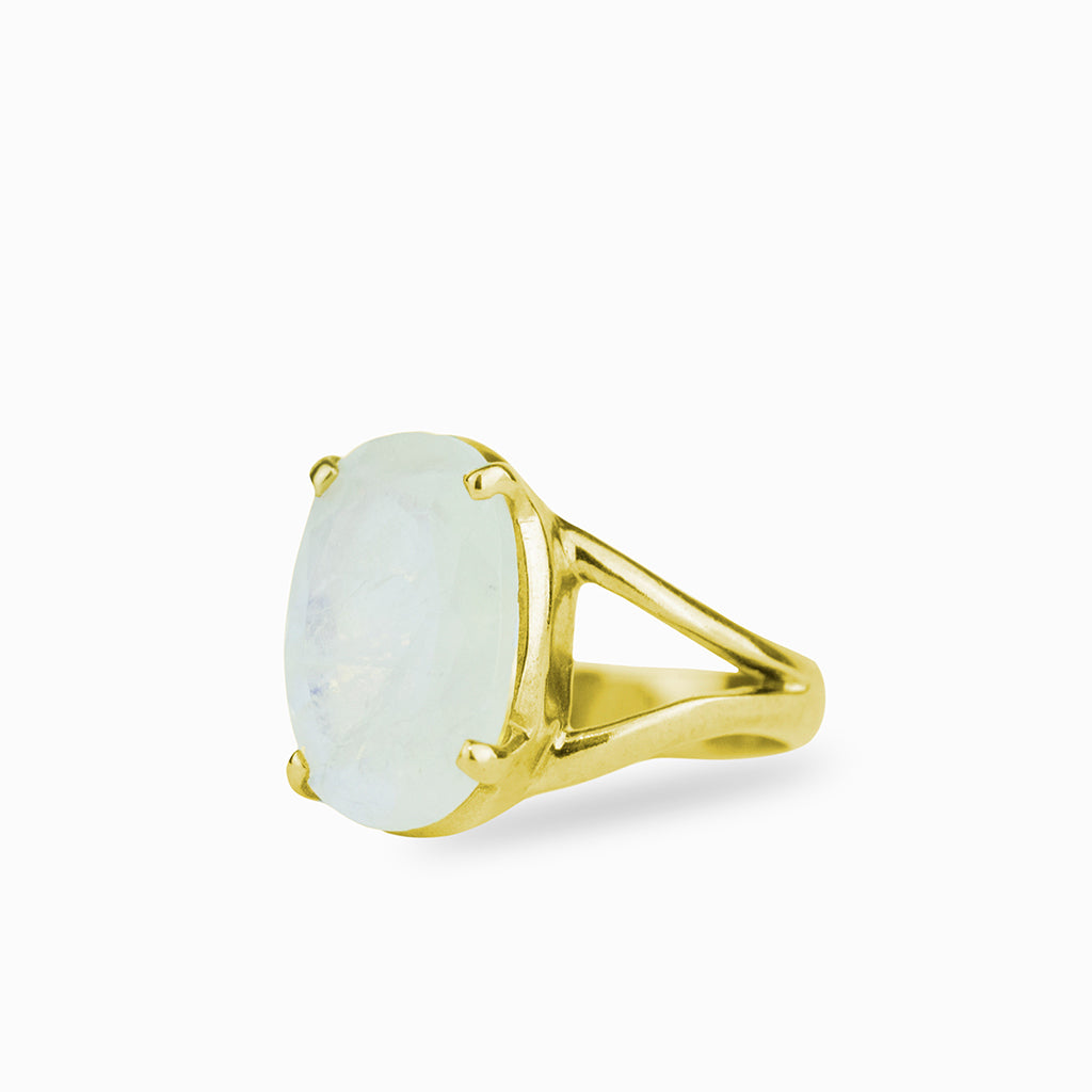 Oval faceted, Rainbow Moonstone ring in yellow gold vermeil finish