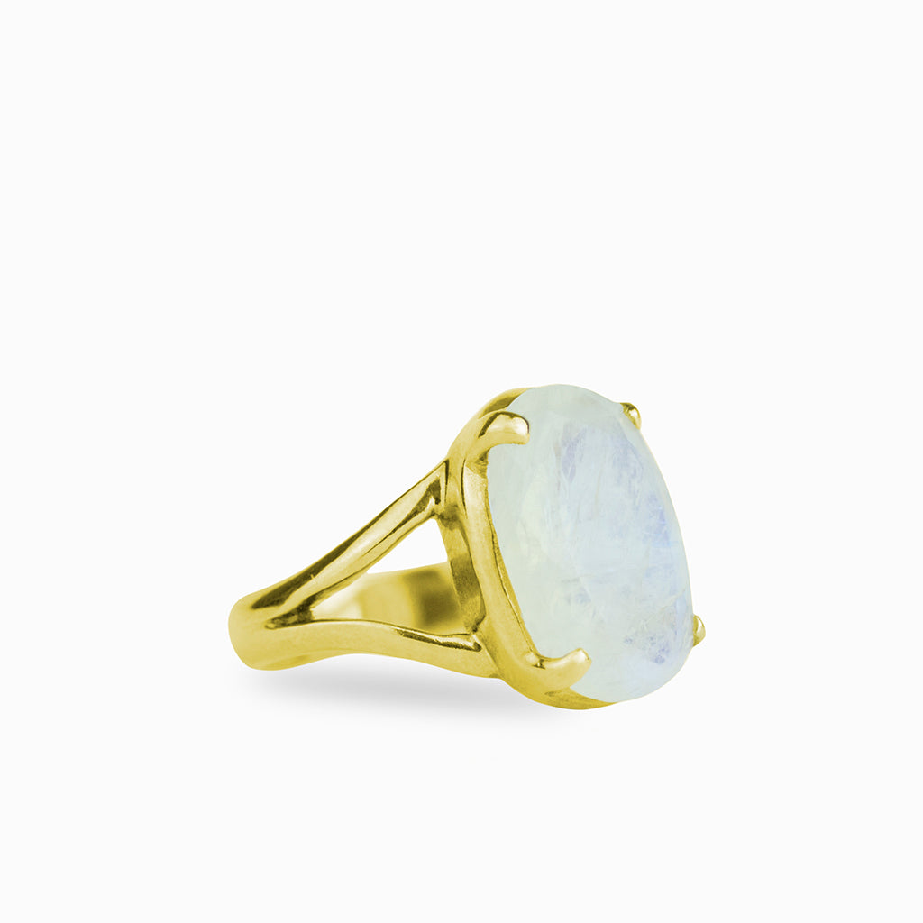 Oval faceted, Rainbow Moonstone ring in yellow gold vermeil finish