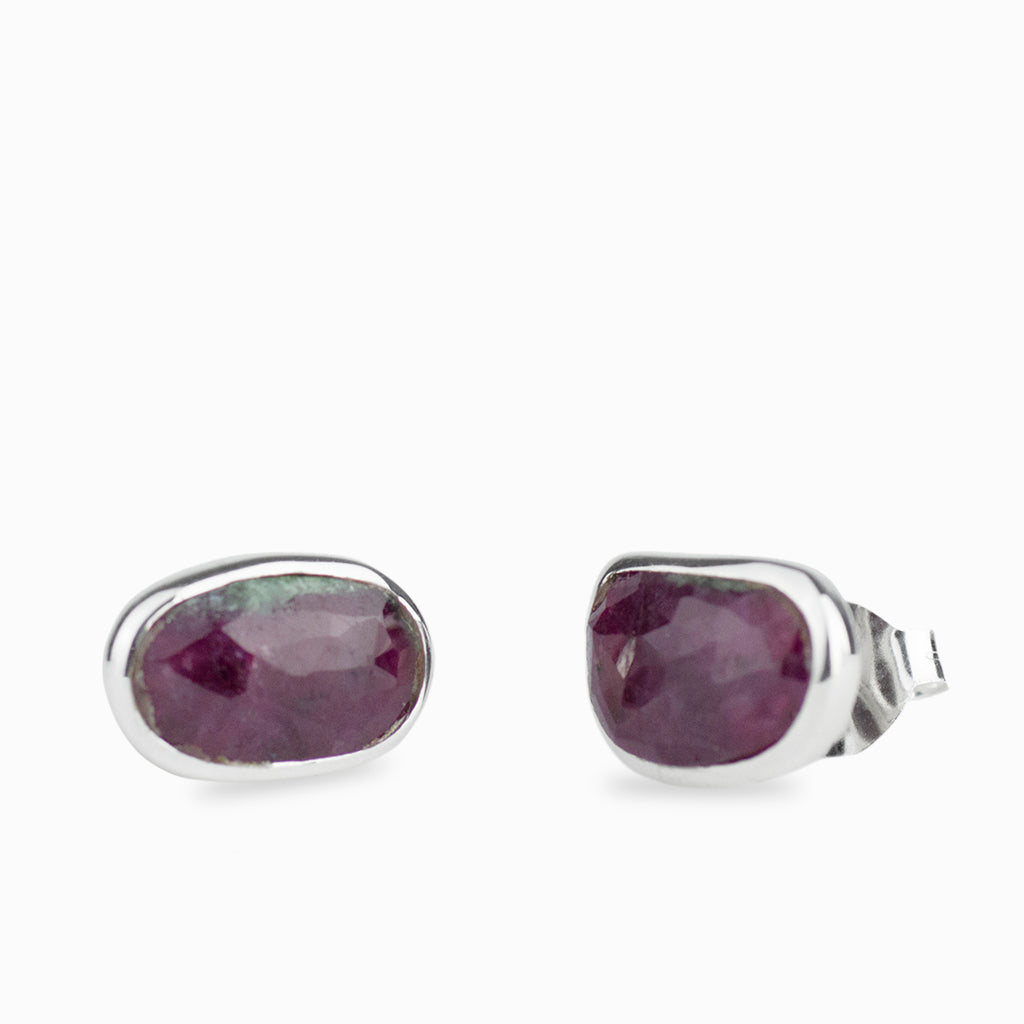oval freeform faceted ruby zoisite stud earrings