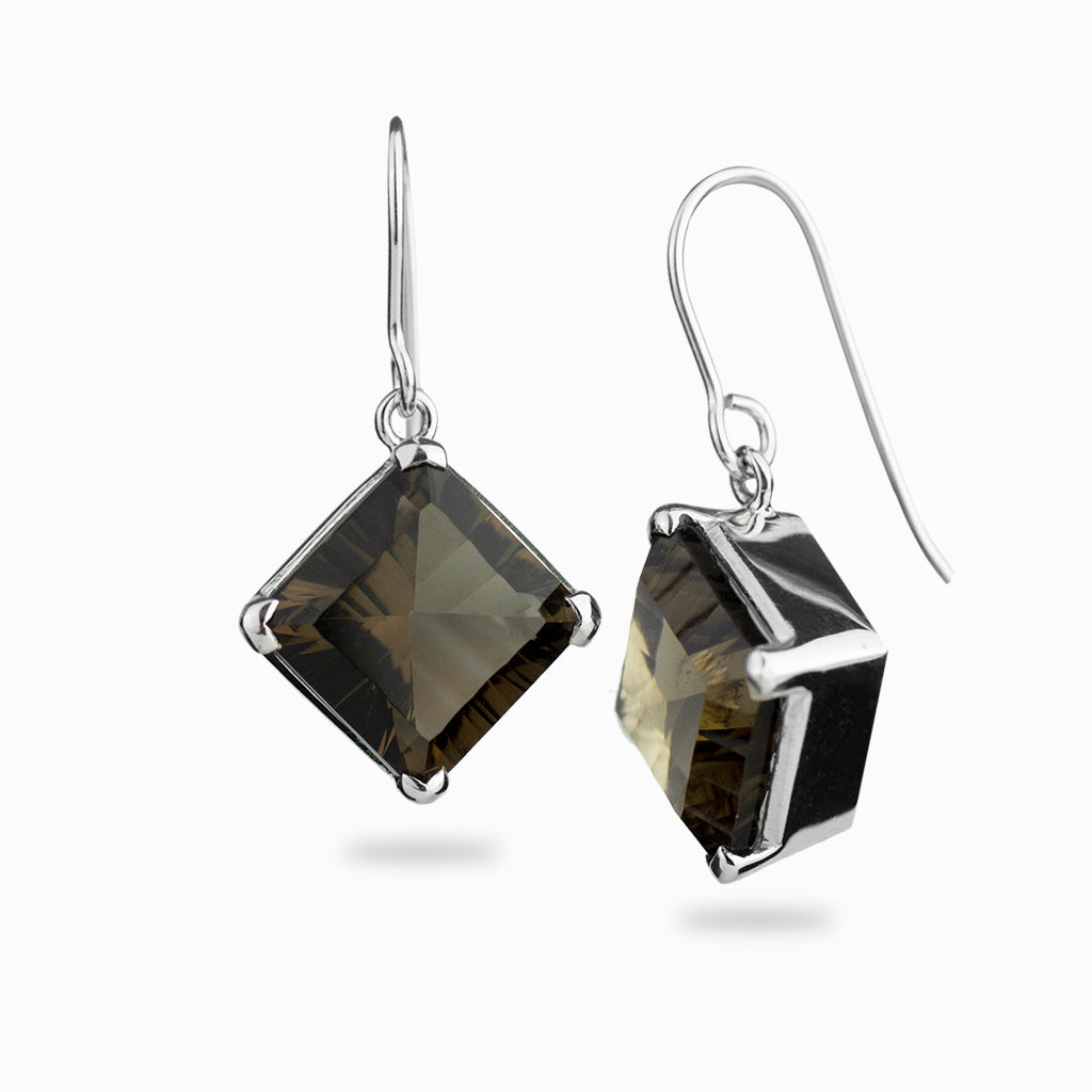 square faceted smokey quartz drop earrings