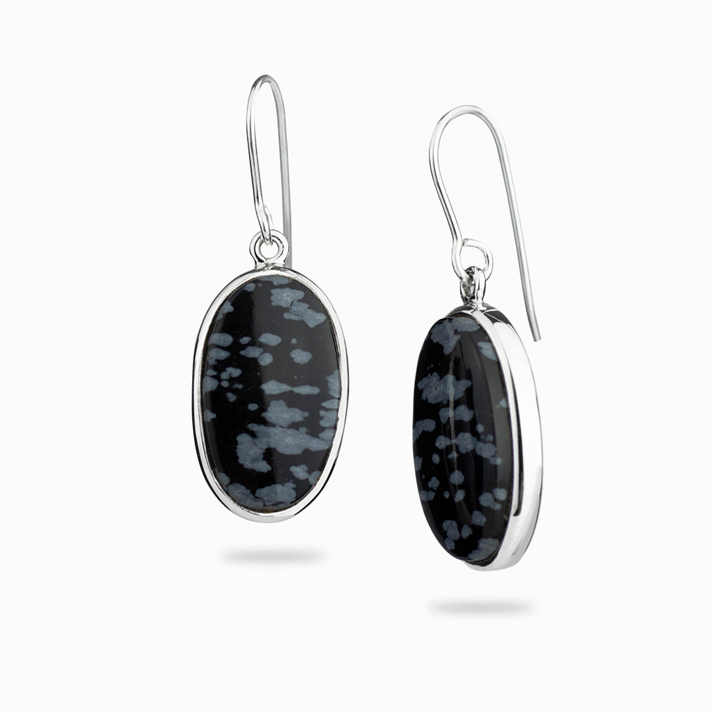 oval snowflake obsidian cab drop earrings