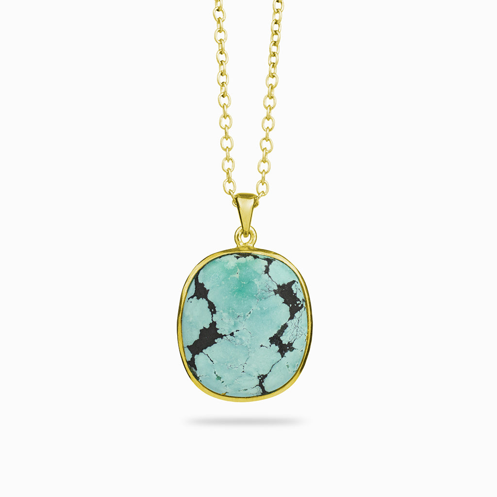 Tibetan Turquoise cabochon necklace in yellow gold vermeil 